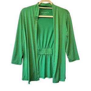 Susan Graver open front blouse S Green Liquid knit Slinky 3/4 sleeve top Womens